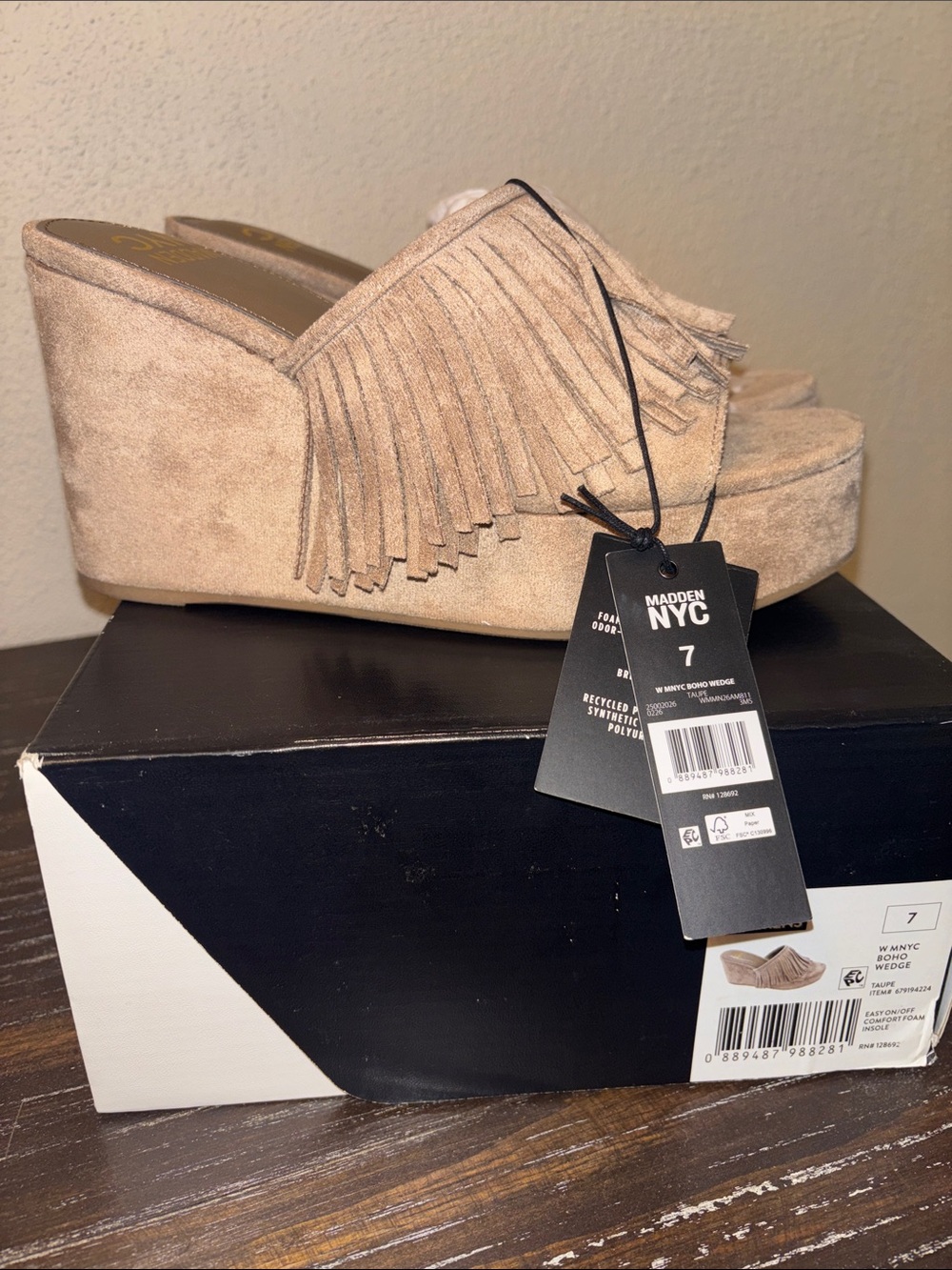 Madden NYC Taupe Suede Fringe Wedge Slide 7